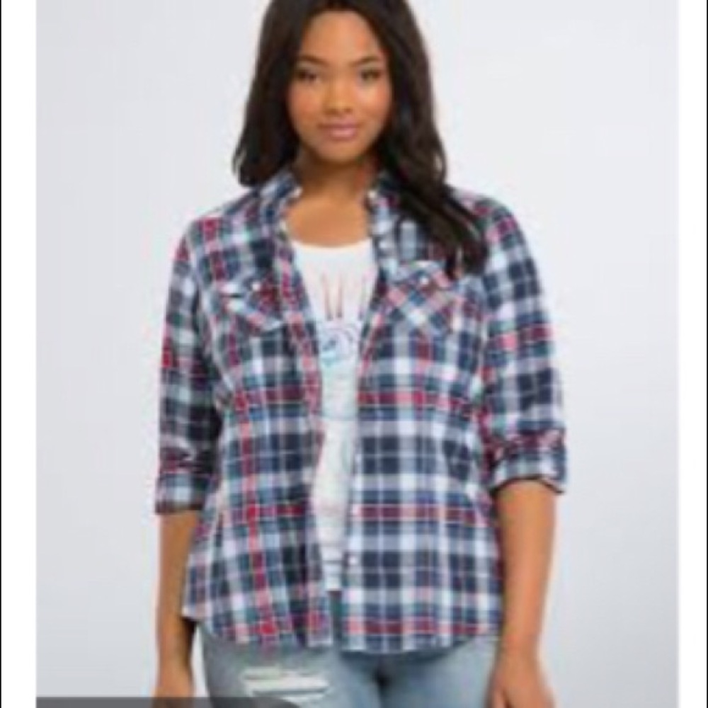 Torrid Blue and Red Plaid Button Down Shirt